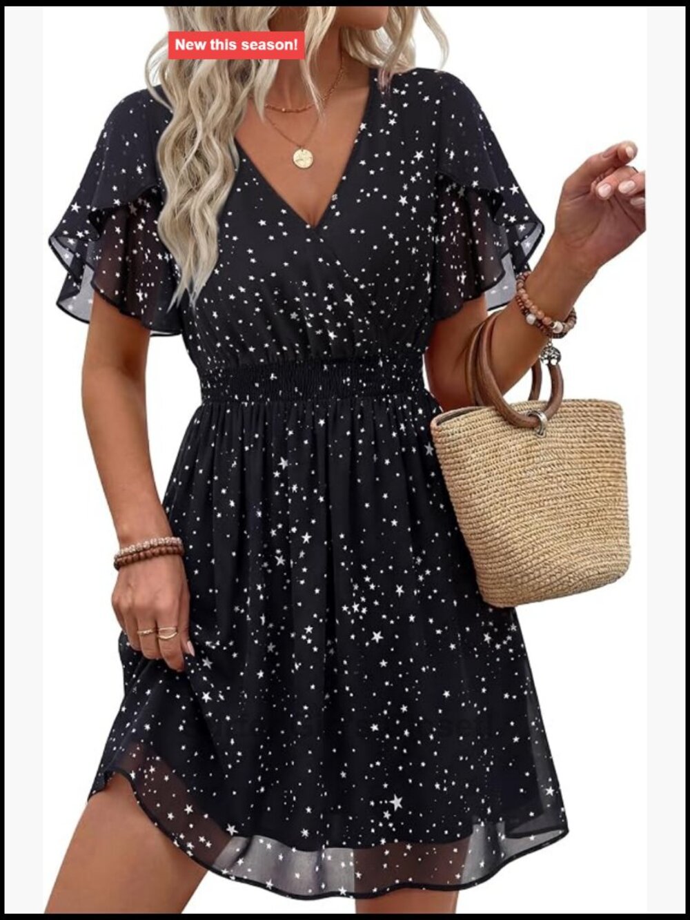 Women's Ruffle Sleeve Chiffon Dress, V Neck Flowy Boho Summer Mini Dress